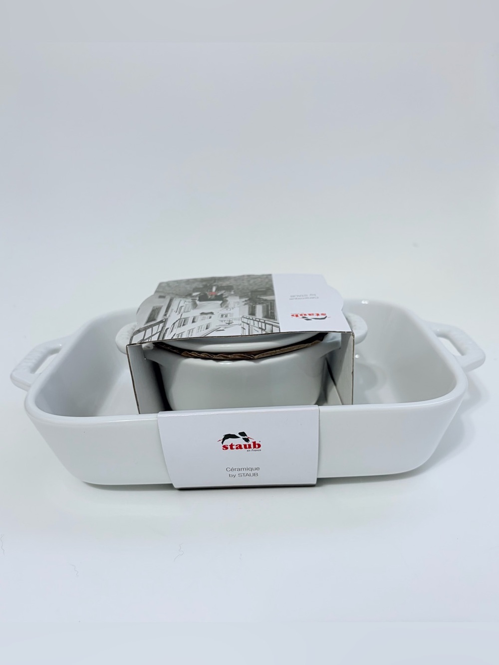 Staub White Ceramic Rectangular Baking Dish with Matching Mini Cocotte